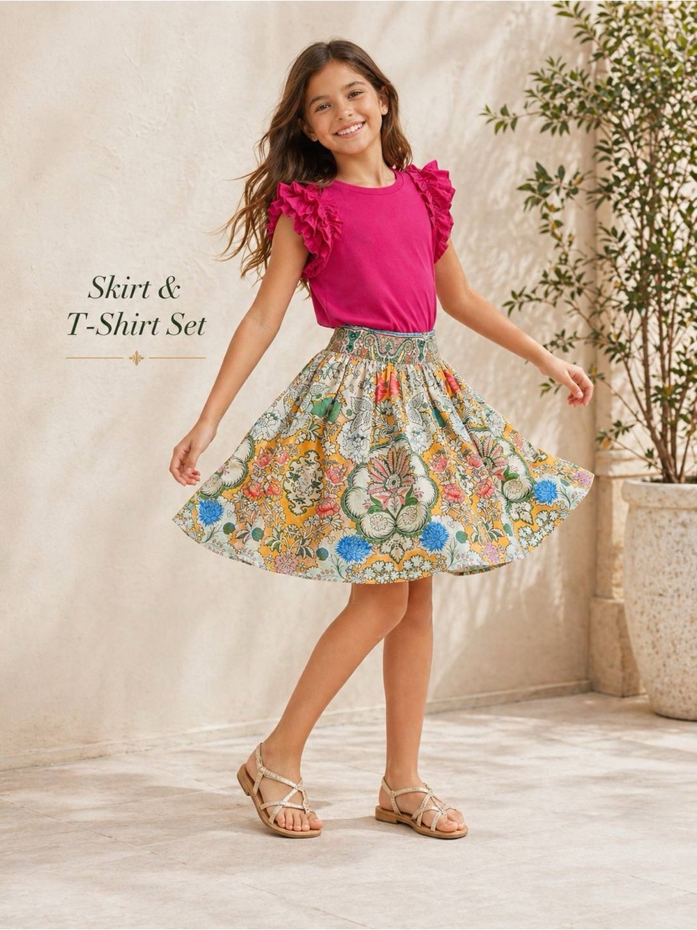 A Loves A Girls Pink Top Yellow Floral Skirt 2pc Cotton Set Size L 11-12 NWT